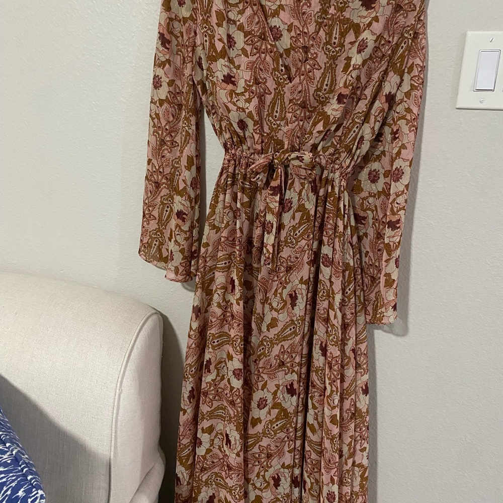 Misa Los Angeles Pink and Brown Floral Tie-Waist Maxi Dress